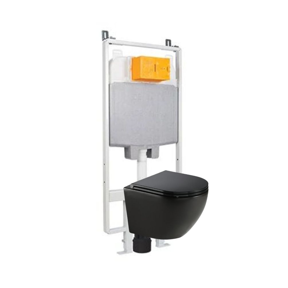 JTP Wortex Black Wall Hung Rimless Toilet with Seat & 1.2m Slim Concealed Cistern W.C Frame Set Joined Cut Out